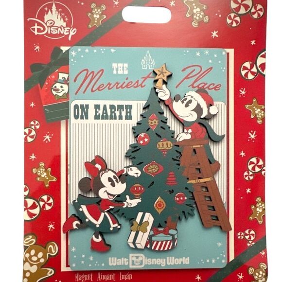 NWT Disney Magnet | Holiday Mickey & Minnie "Merriest Place on Earth" Magnet - Picture 1 of 3